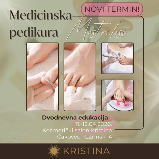 𝐌𝐞𝐝𝐢𝐜𝐢𝐧𝐬𝐤𝐚 𝐏𝐞𝐝𝐢𝐤𝐮𝐫𝐚 𝐌𝐚𝐬𝐭𝐞𝐫𝐜𝐥𝐚𝐬𝐬 – NOVI TERMIN!
📅 11.–12.04.2026. – Medicinska Pedikura Masterclass
📍Kozmetički salon Kristina, Čakovec
Zbog velikog interesa za edukaciju, otvorili smo novi termin održavanja masterclassa.
Pod stručnim vodstvom 𝐊𝐫𝐢𝐬𝐭𝐢𝐧𝐞 𝐒𝐭𝐫𝐧𝐢šč𝐚𝐤, 𝐦𝐚𝐣𝐬𝐭𝐨𝐫𝐚 𝐩𝐞𝐝𝐢𝐤𝐞𝐫𝐚 s više od 20 godina iskustva, ova edukacija pruža ti priliku da:
✔ ovladaš tehnikama klasične i medicinske pedikure
✔ naučiš prepoznati i rješavati uobičajene probleme stopala i noktiju
✔ naučiš sigurno i pravilno koristiti pribor i materijale za pedikuru
✔ usvojiš higijenske standarde, postupke dezinfekcije i sterilizacije
✔ naučiš pripremiti prostor i organizirati kvalitetnu uslugu
Edukacija se odvija u malim grupama – max. 2 polaznice po terminu, što omogućuje temeljito savladavanje svih tehnika i individualnu pažnju edukatorice tijekom 𝐩𝐫𝐚𝐤𝐭𝐢č𝐧𝐨𝐠 𝐫𝐚𝐝𝐚 𝐧𝐚 𝐦𝐨𝐝𝐞𝐥𝐢𝐦𝐚.
Svaka polaznica dobiva Edukacijski vodič, a po završetku edukacije i 𝐂𝐞𝐫𝐭𝐢𝐟𝐢𝐤𝐚𝐭 koji potvrđuje stečena znanja i praktične vještine.
💬 Cijena edukacije – na upit!
Ova edukacija je idealna za polaznice koje žele:
✔ nadograditi postojeće znanje i usluge u svojem salonu
✔ razviti nove profesionalne vještine i kompetencije
✔ pružiti klijentima vrhunsku i sigurnu njegu stopala
👉 Za prijavu, dodatne informacije o edukaciji, slobodnim mjestima i cijeni, pošalji nam poruku u inbox ili na e-mail kozmetickisalonkristina@gmail.com
